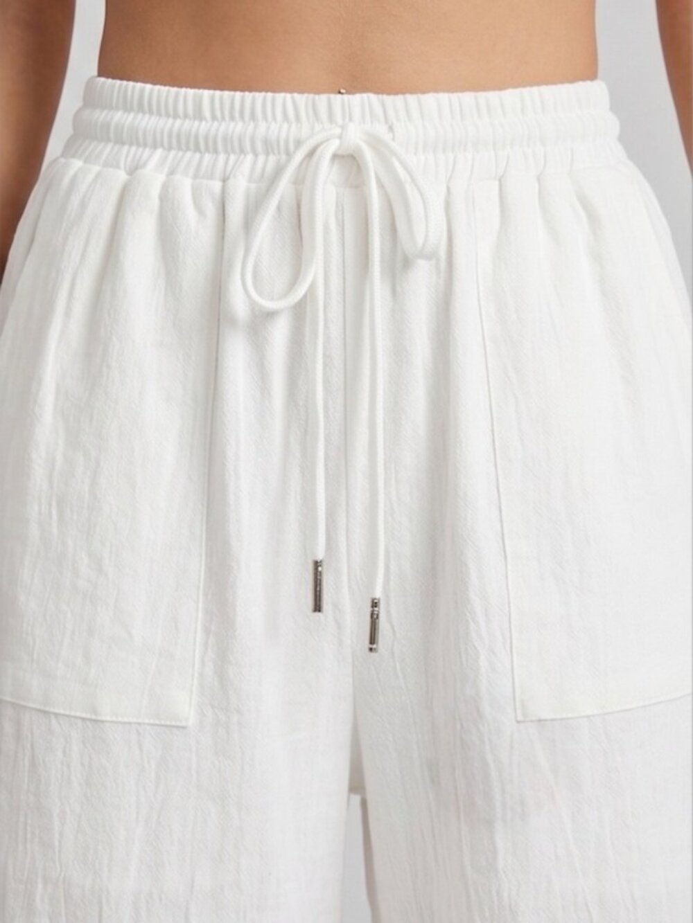 100% Cotton Drawstring Waist Wide Leg Pants White - Picture 4 of 7